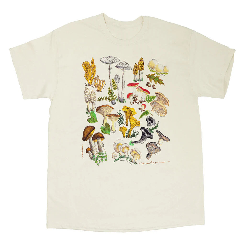 an off white tee shirt with illustrations of various woodland mushrooms