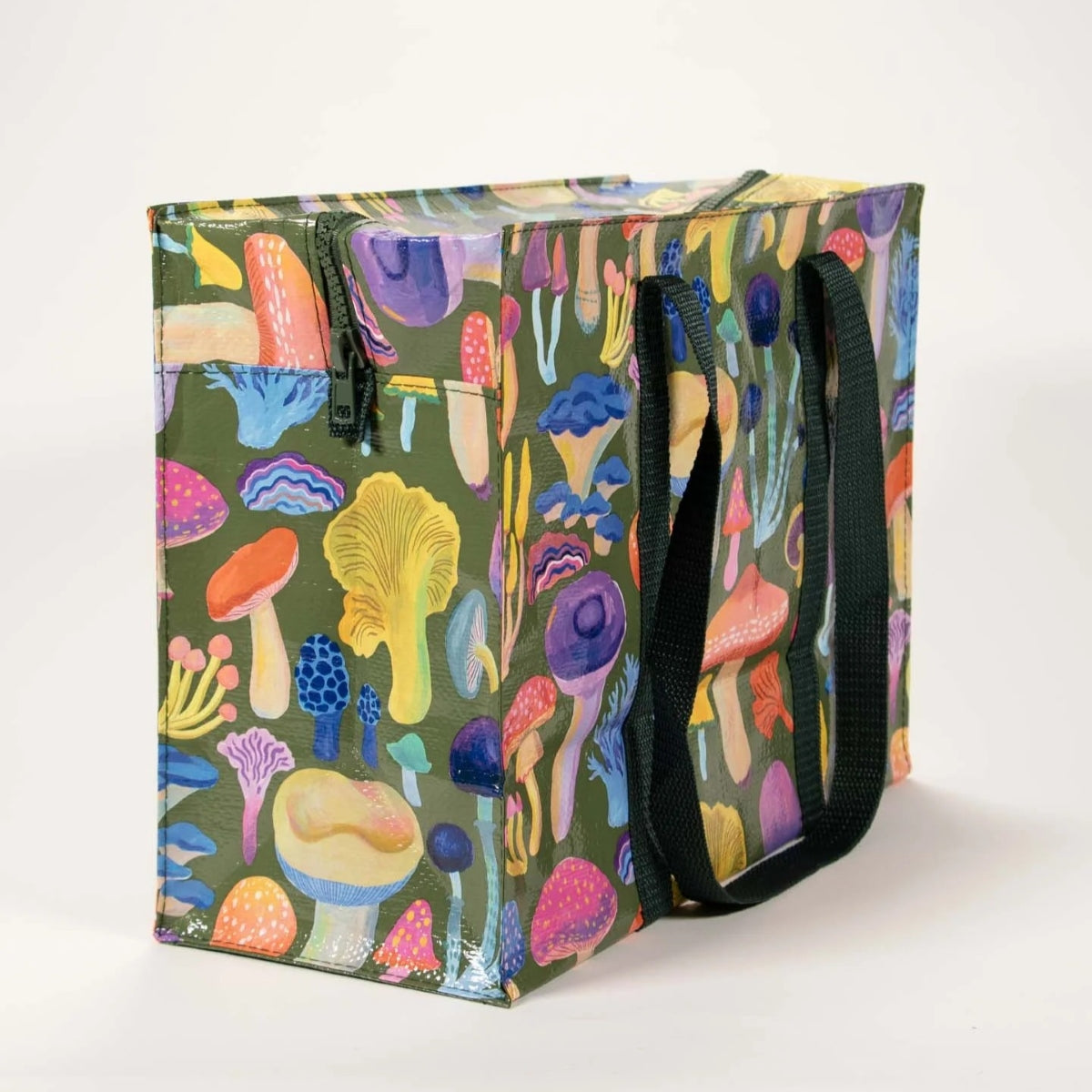 Tote bag with colorful mushroom pattern on a white background
