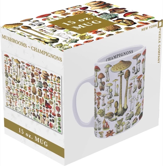 a white gift box that contains the mushrooms mug - the box is adorned with the mushroom design and a picture of the mug itself