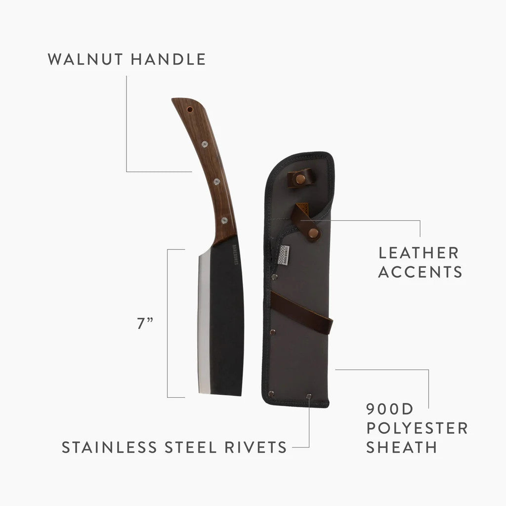 an info graphic showing the japanese nata hatchet alongside its sheath with text pointing out features including: Walnut Handle, Stainless-steel rivets, leather accents, and 900D polyester sheath