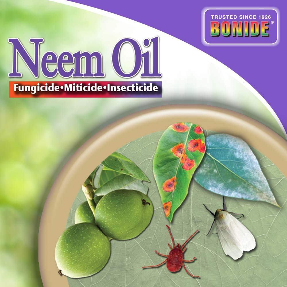 a graphic showing common pests and issues tackled by Bonide Neem Oil and uses: Fungicide, Miticide, Insecticide
