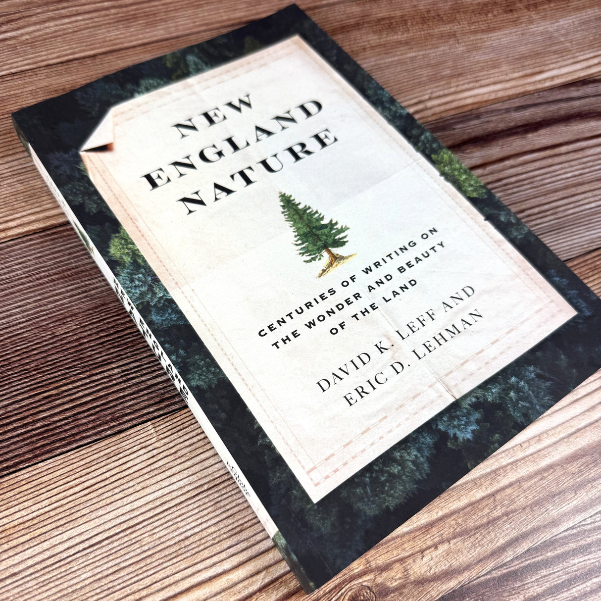 the book "New England Nature" lying against a rustic wood background