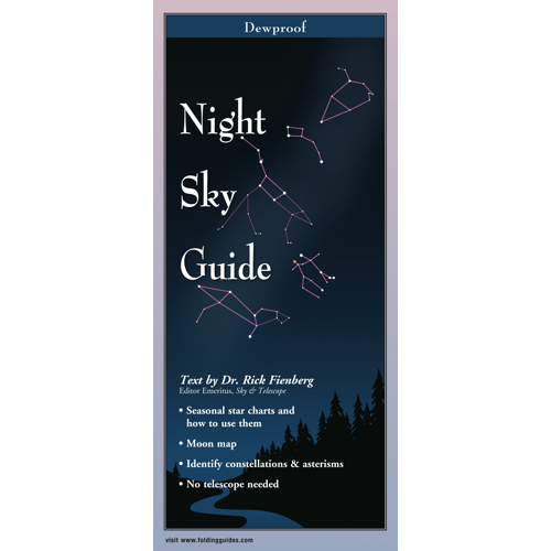Cover of the Night Sky Guide showing a starry sky with illustrations of constellations and celestial objects, and text detailing its features.
