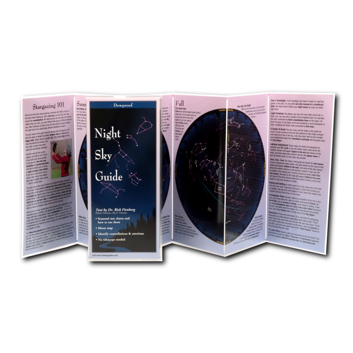 Unfolded, upright image of the Night Sky Folding Guide featuring a stargazing 101 guide for beginners, and detailed night sky charts showing the sky in different seasons showing all major constellations, asterisms, nebula, and other objects visible with the naked eye