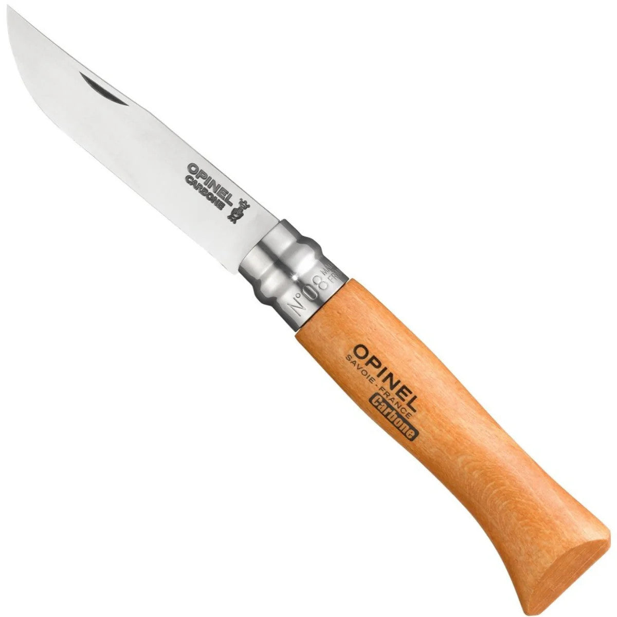 the carbon steel folding knife shown unfolded to show the full length against a white background