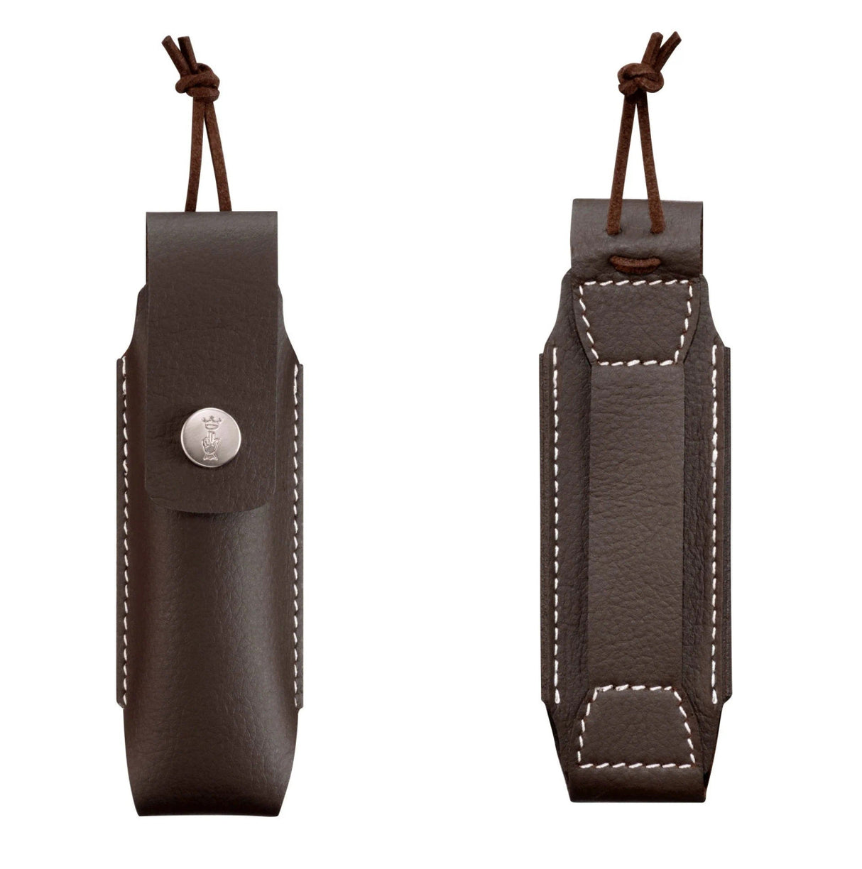 side by side image of the folding knife sheath showing the front with snap closure and the backside with belt loop
