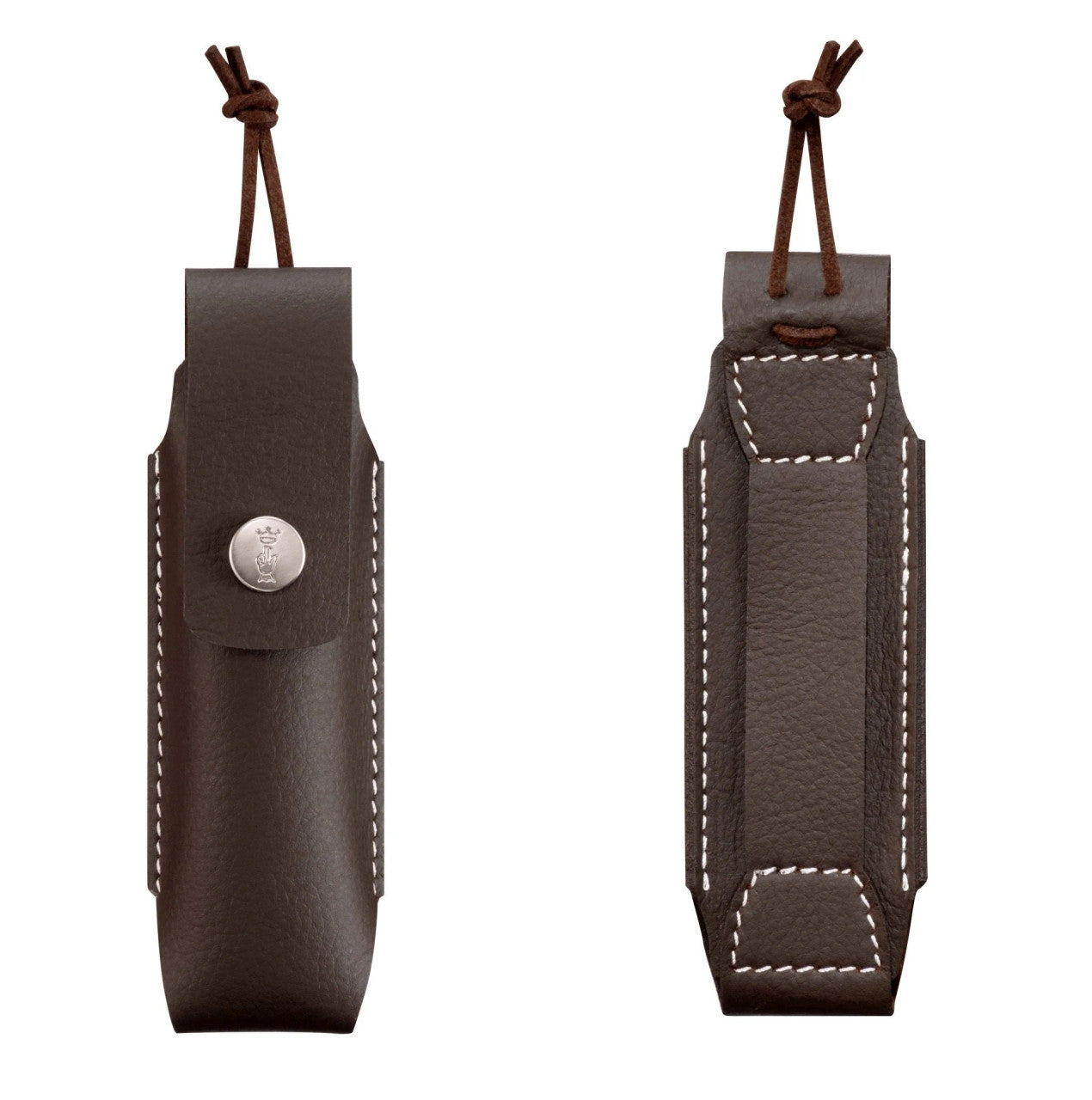 side by side image of the folding knife sheath showing the front with snap closure and the backside with belt loop