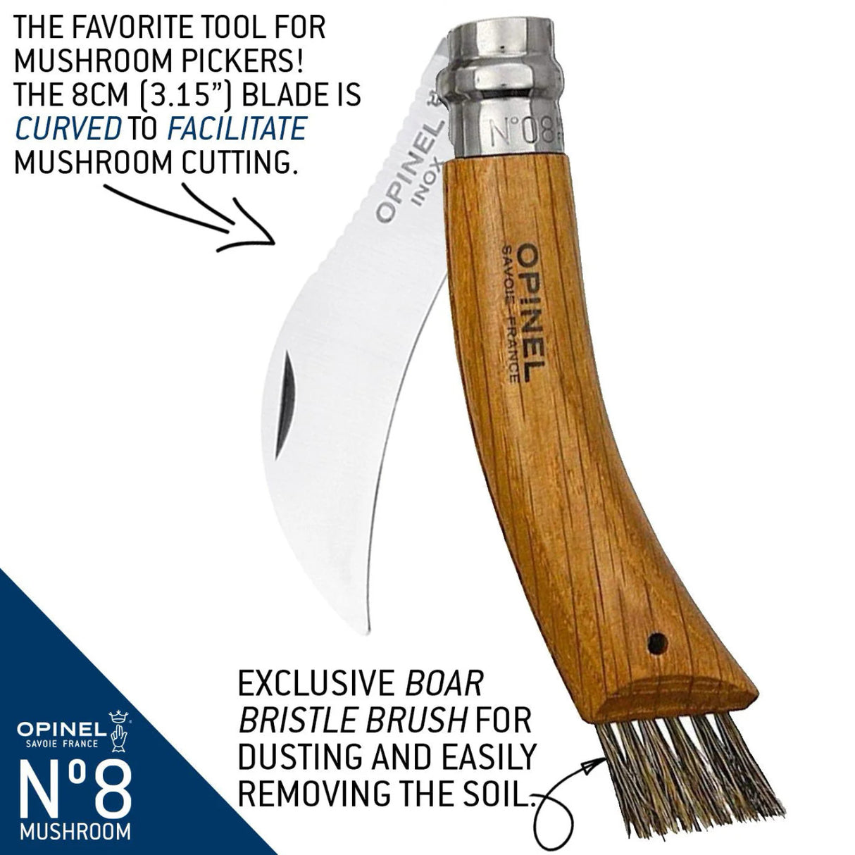 an info graphic showing the No. 08 Mushroom knife partially folded with descriptive text: "The favorite tool for mushroom pickers! The blade is curved to facilitate mushroom cutting - Exclusive boar bristle brush for dusting and easily removing the soil"