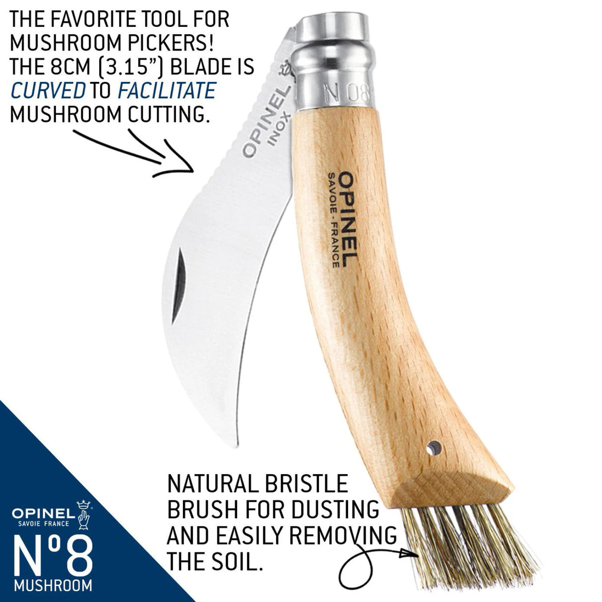 an info graphic showing the No. 08 Mushroom knife partially folded with descriptive text: "The favorite tool for mushroom pickers! The blade is curved to facilitate mushroom cutting - Exclusive boar bristle brush for dusting and easily removing the soil"