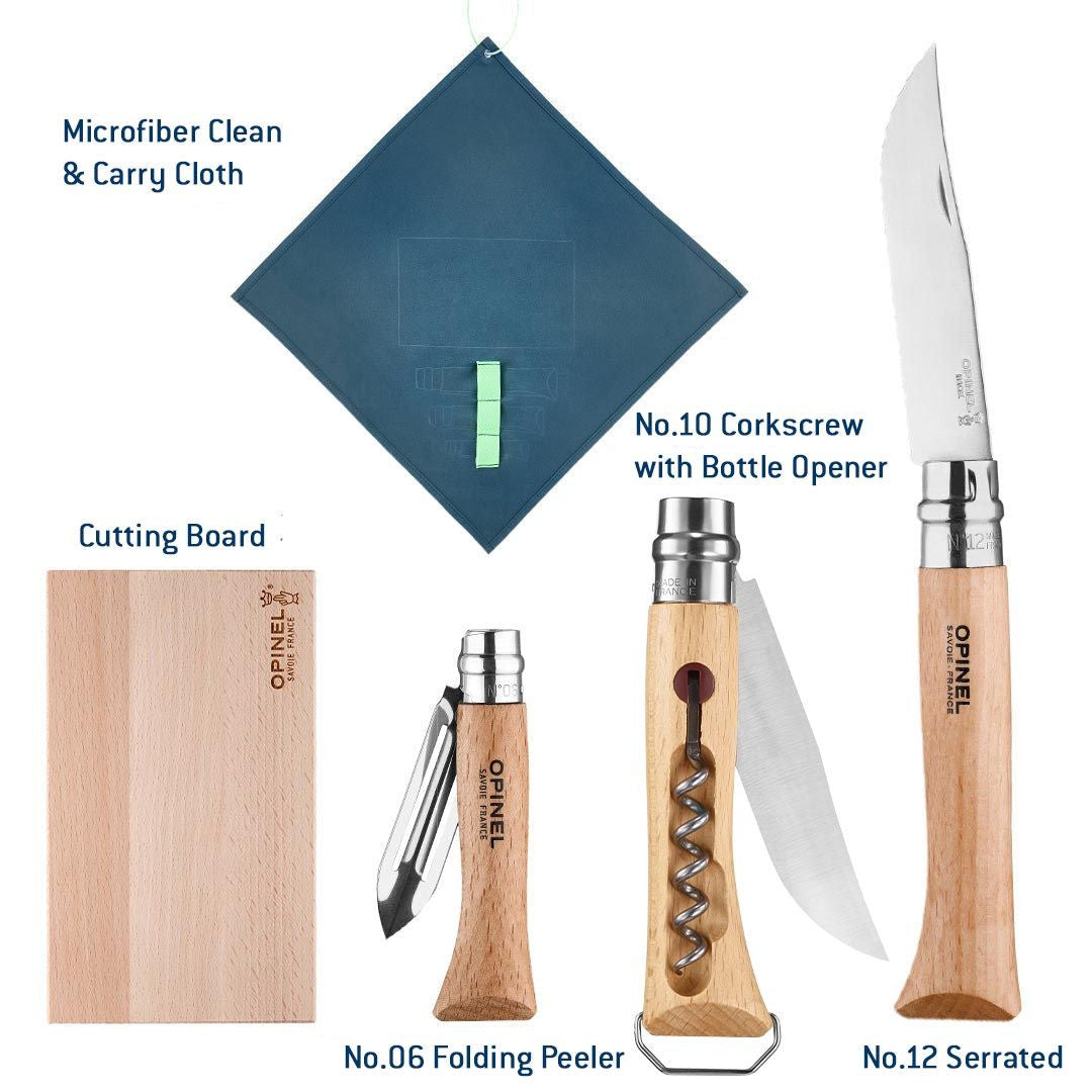 a graphic showing and labeling each item in the Nomad Cooking Kit: Microfiber Clean & Carry Cloth, Cutting Board, No. 06 Folding Peeler, No. 10 Corkscrew with Bottle Opener, and No. 12 Serrated Knife
