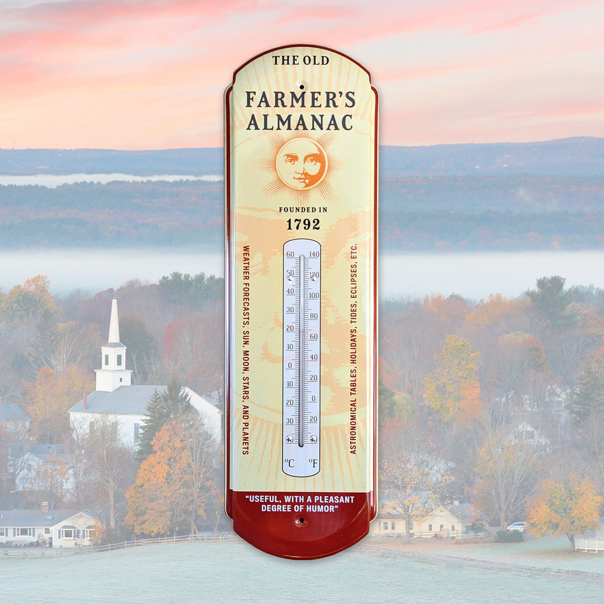 Vintage-style thermometer with 'The Old Farmer's Almanac' logo and slogans, showing temperature in Fahrenheit and Celsius