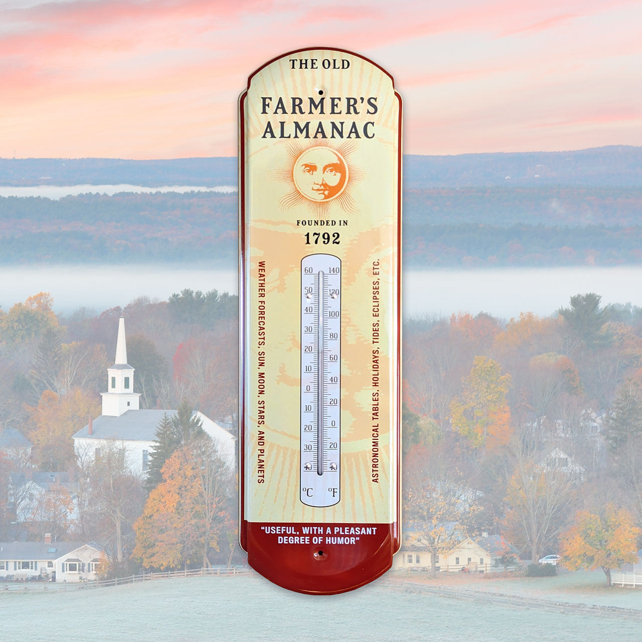 Vintage-style thermometer with 'The Old Farmer's Almanac' logo and slogans, showing temperature in Fahrenheit and Celsius