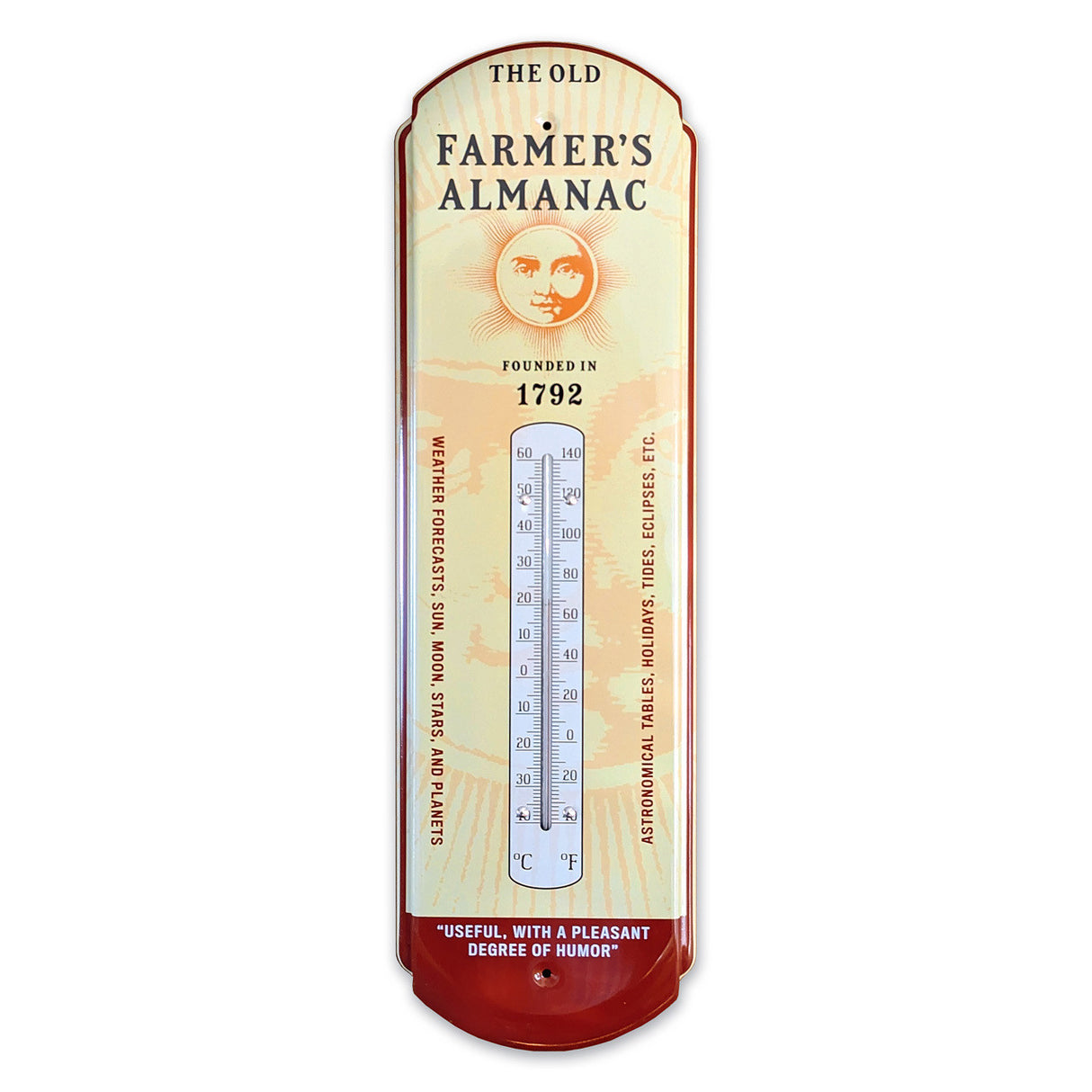 Retro-style thermometer with 'The Old Farmer's Almanac' logo and slogans