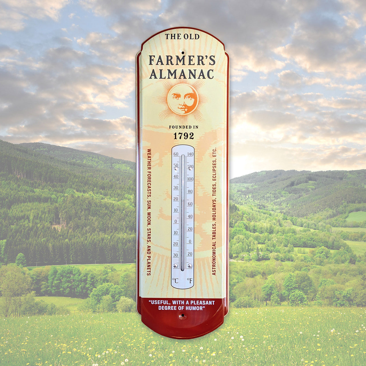 Retro-advertising  style thermometer with 'The Old Farmer's Almanac' logo and slogans, showing temperature in Fahrenheit and Celsius