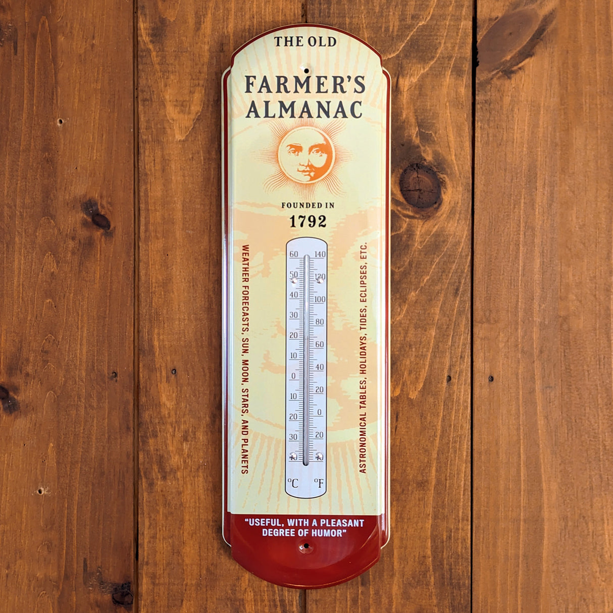 Metal thermometer featuring The Old Farmer's Almanac logo