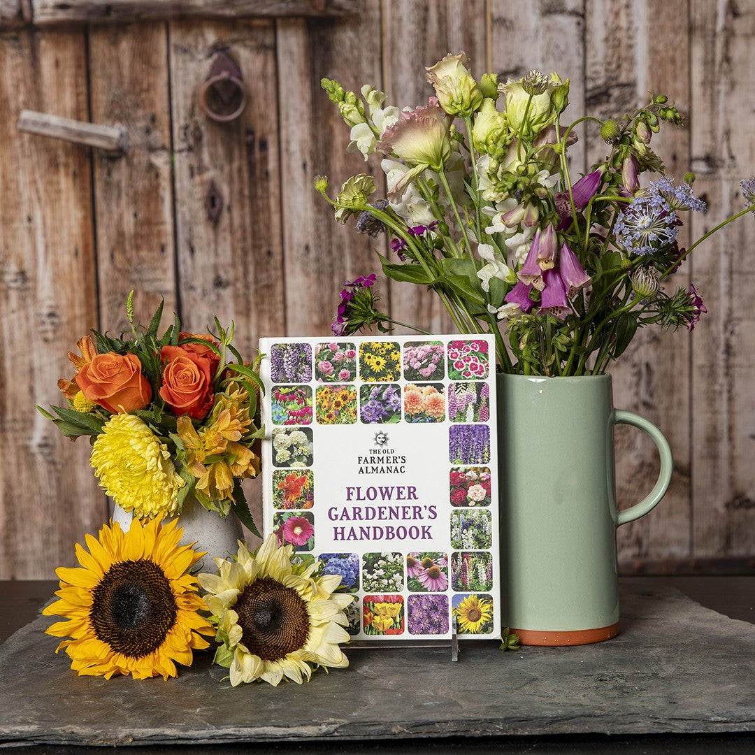 Flower Gardener's Handbook with flowers in a vase and sunflowers on a wooden surface