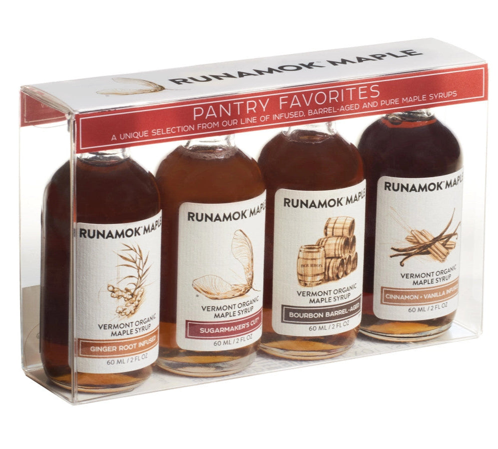 a clear gift package of 4 small bottles of maple syrup from the pantry favorites collection