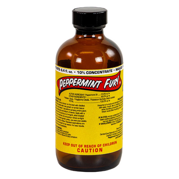 a brown glass bottle with black cap and yellow label with the text "peppermint fury" and text listing active ingredients and instructions for use