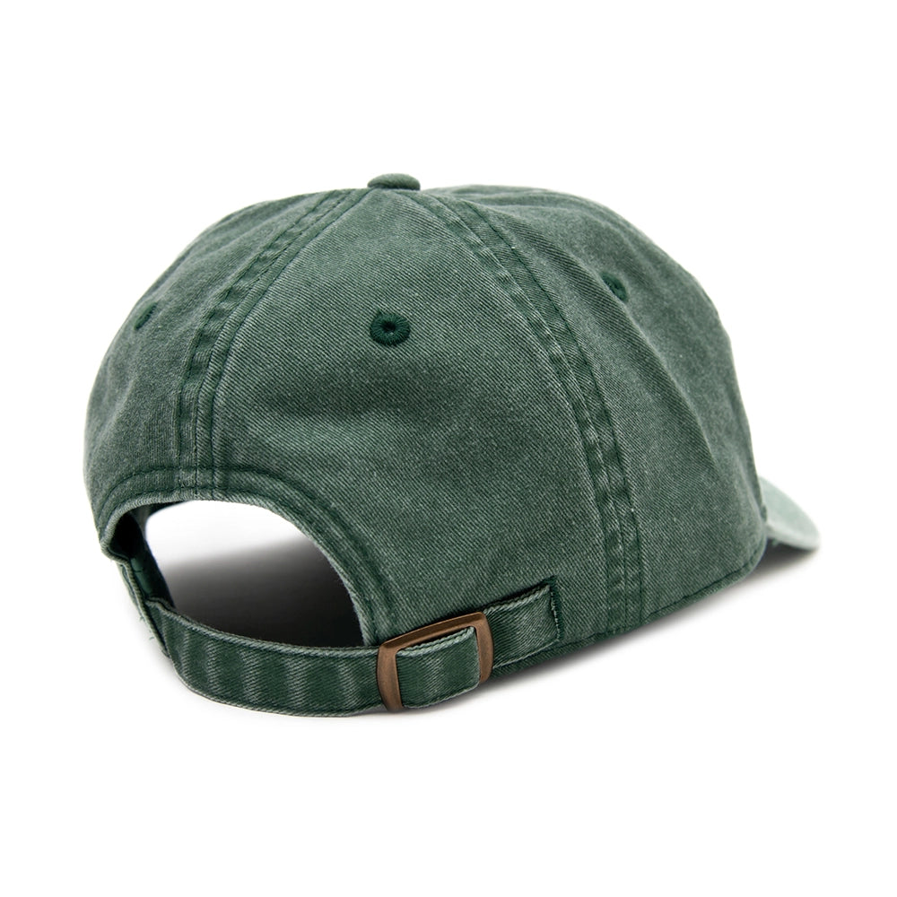 Green baseball cap with brass buckle for size adjustment on a white background