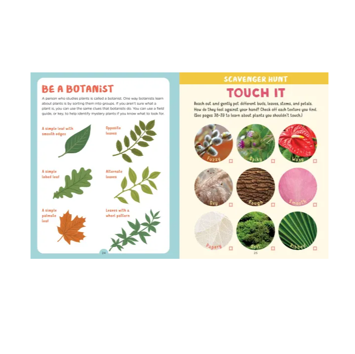 interior page with plant ID tips and prompts to touch and feel different types of plants