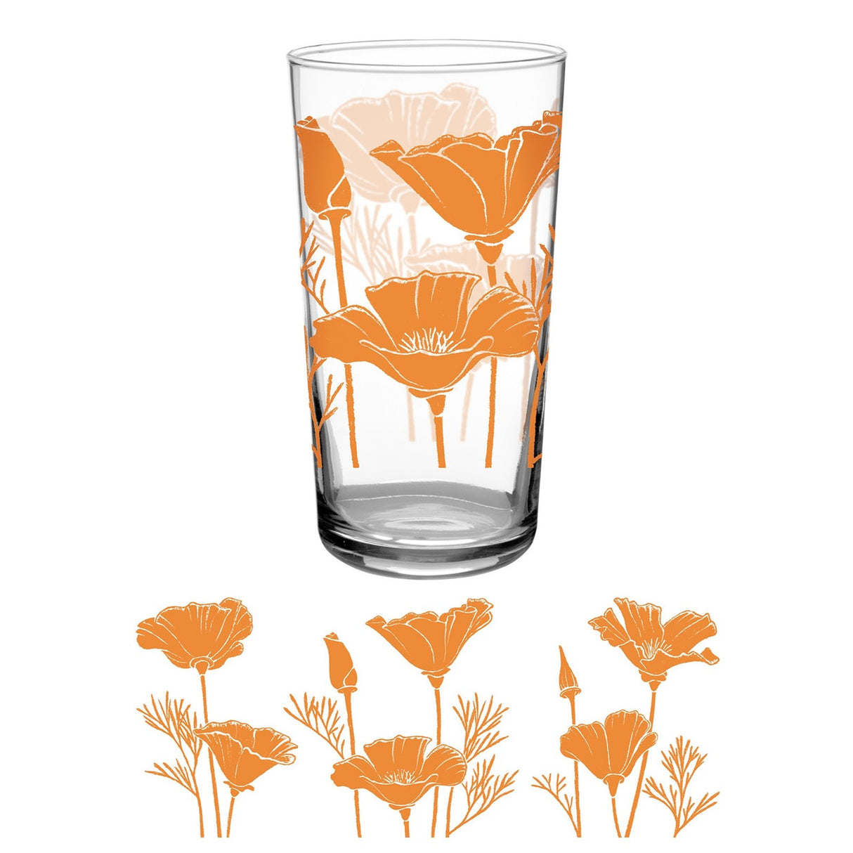 a clear glass tumbler printed with vintage inspired orange poppy flower print above a full wrap of the artwork