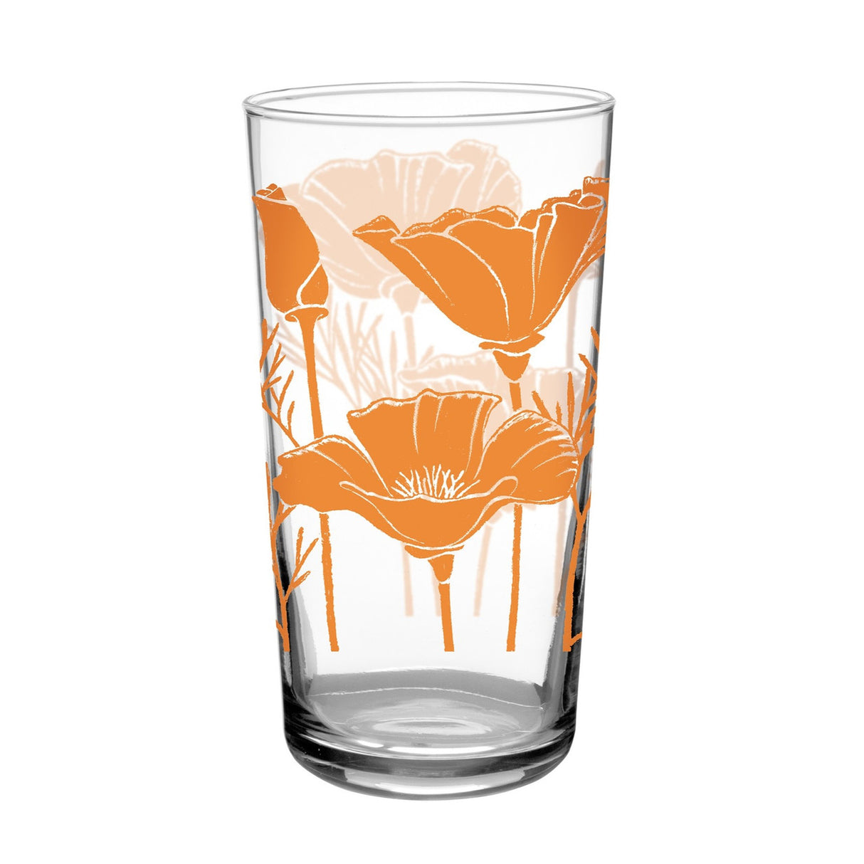 a clear glass tumbler printed with vintage inspired orange poppy flower print
