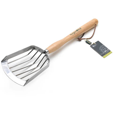 the potato scoop with its wood handle and stainless steel head against a white background