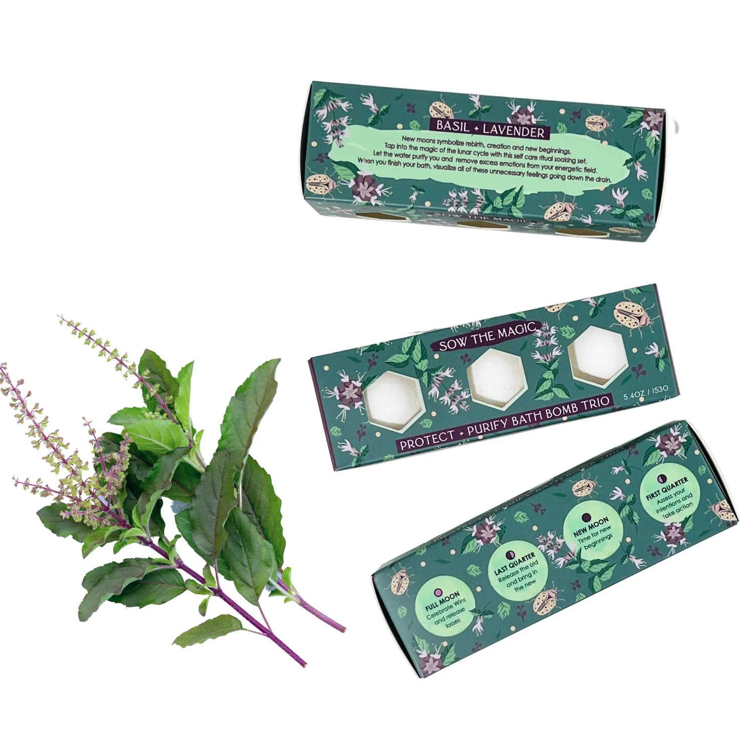 Bath bomb packaging with basil plant on a white background