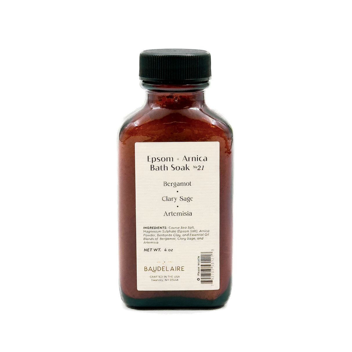 an amber colored apothecary style bottle with a black cap and off white label that reads "Purifying- Epsom + Arnica Soak no. 21 -Bergamot - Clary Sage - Artemisia" with an ingredients list and business address