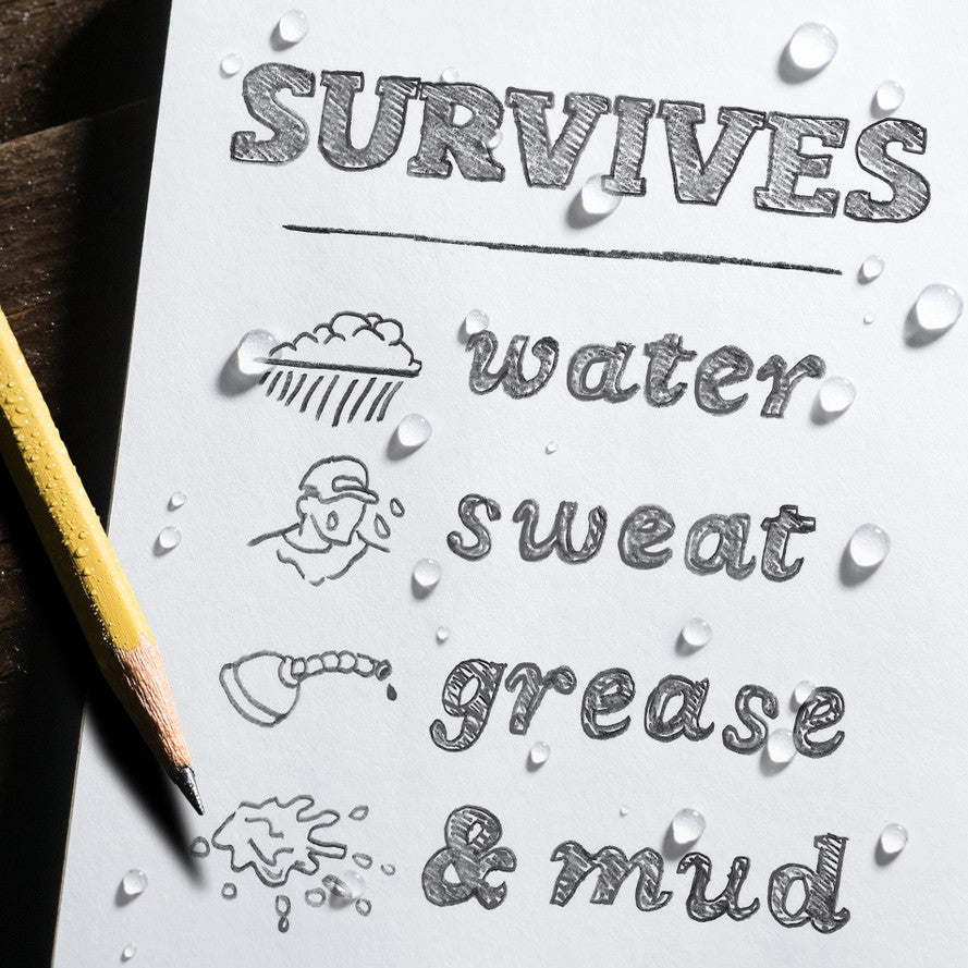 a sample page of the notebook with illustration of what the notebook will survive including: water, sweat, grease, and mud