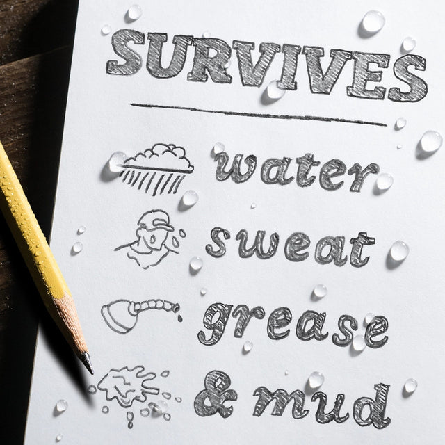 a sample page of the notebook with illustration of what the notebook will survive including: water, sweat, grease, and mud