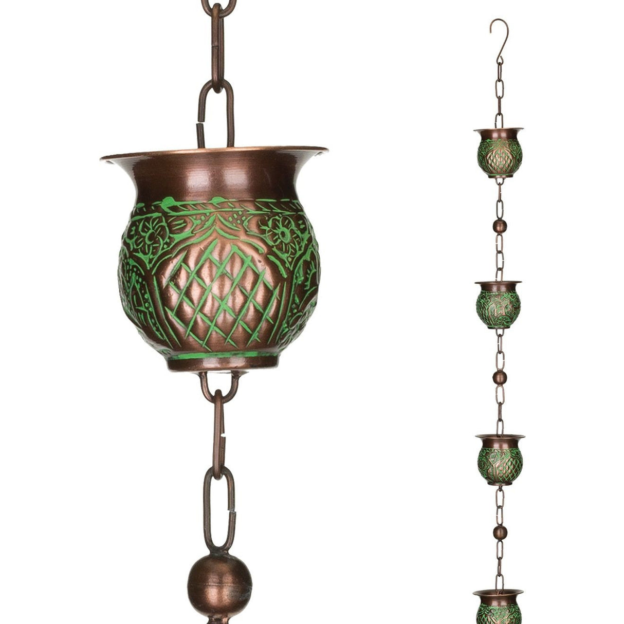 a close up of the patina pot on the rain chain alongside a section of the rain chain showing the fine green patina detail of the pots