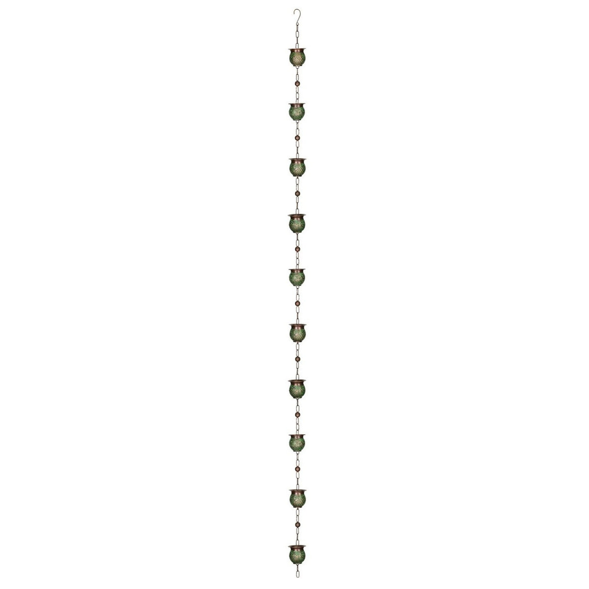 the full length of the patina pot rain chain showing each pot in the full length of the chain