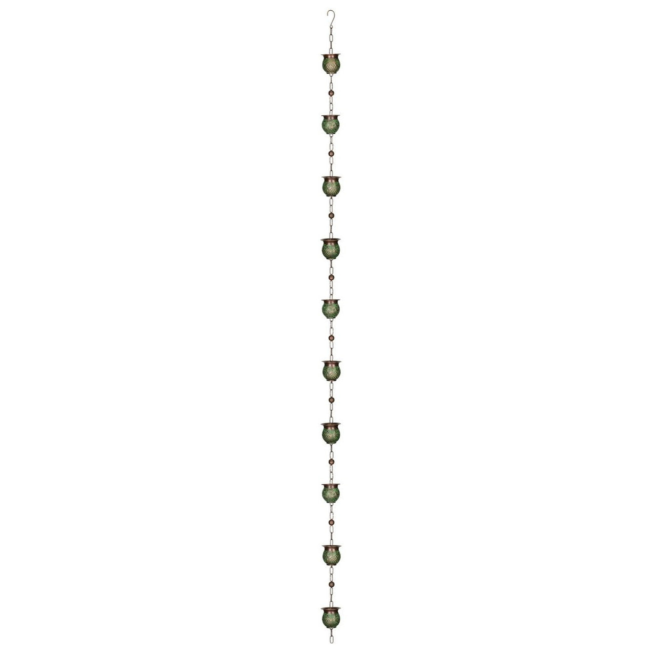 the full length of the patina pot rain chain showing each pot in the full length of the chain