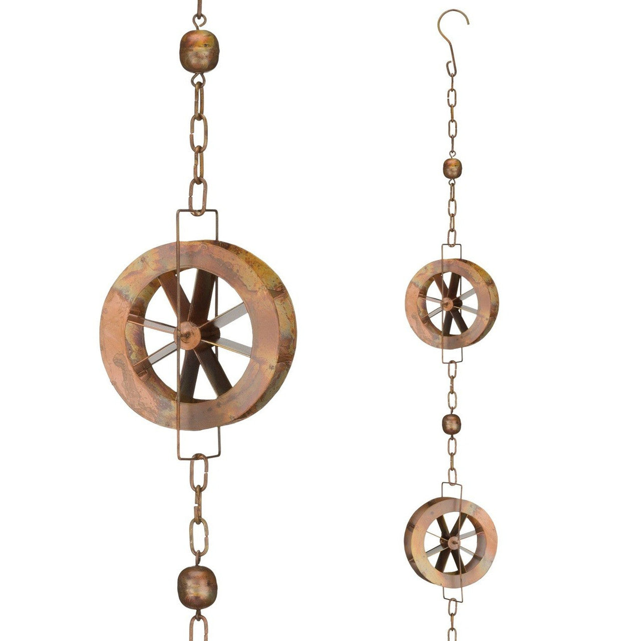 a close up of the water wheel on the rain chain alongside a section of the rain chain showing the detail of the water wheel