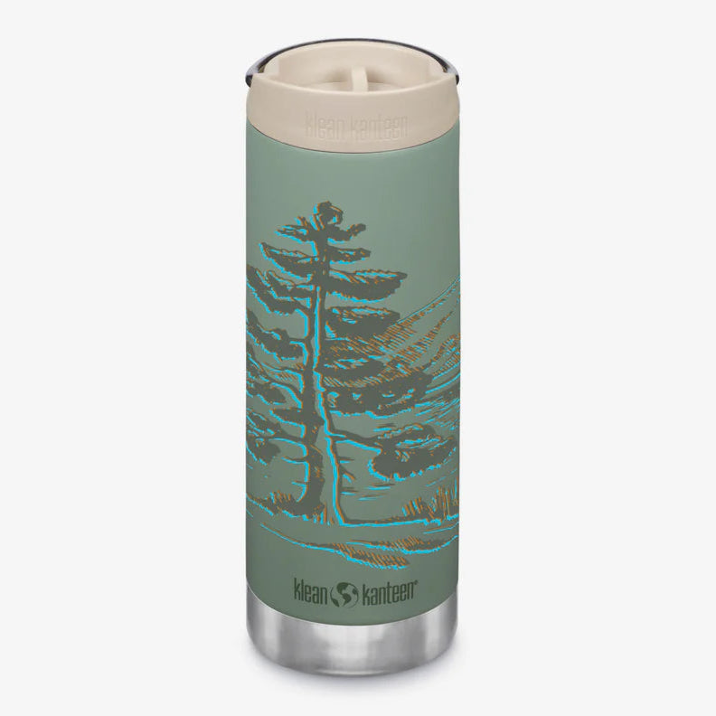 Travel mug with tree design on a white background