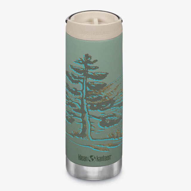 Travel mug with tree design on a white background