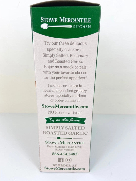 Stowe Mercantile Kitchen Rosemary Crackers side of box with brand story