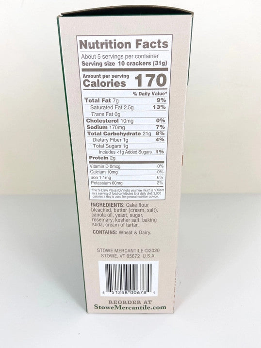 Stowe Mercantile Kitchen Rosemary Crackers side of box with nutrition facts and ingredients