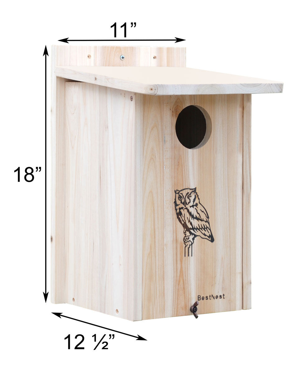 the screech owl house with measurements alongside the image: 18 inches in height, 11 inches wide, 12.5 inches deep