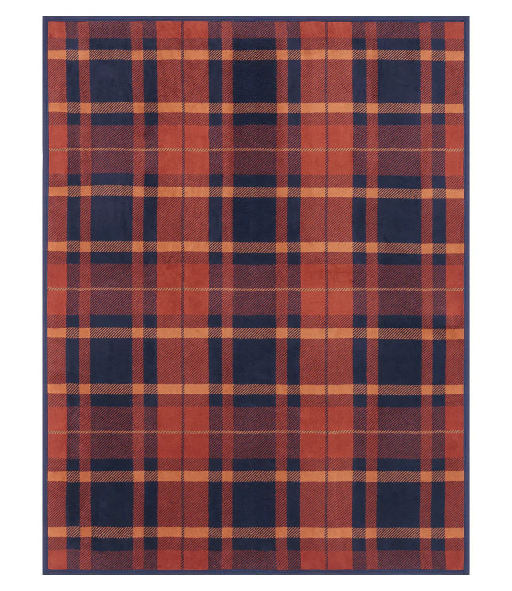 The front of the Sebago Tartan blanket showing the full size and navy, rust, and desert red color scheme