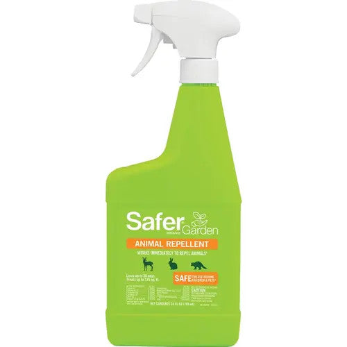 a lime green spray bottle with the text "Safer Garden - animal repellent" with images of common wildlife below it