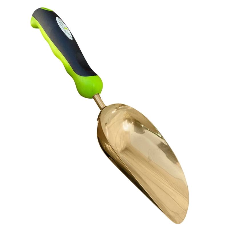 diagonal view of the Titanium Coated Garden Scoop Trowel Transplanter with green and black ergonomic handle