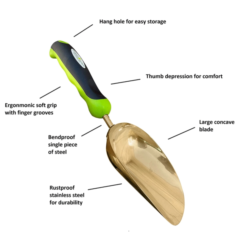 Titanium Coated Garden Scoop Trowel Transplanter with green and black ergonomic handle with arrows and text pointing to features including the hang hole for storage, thumb print on handle for comfort, the large concave blade, the durable rustproof stainless steel blade, the bendproof single piece of steel connecting blade to handle, and the ergonomic soft grip with finger grooves