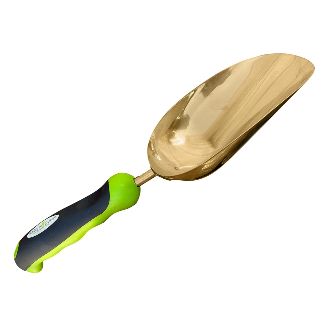 Titanium Coated Garden Scoop Trowel Transplanter with green and black ergonomic handle from a side angle pointed upward