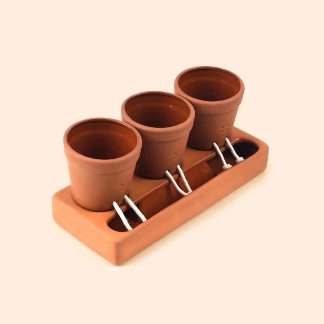 Terracotta pot holder with three small pots on a beige background
