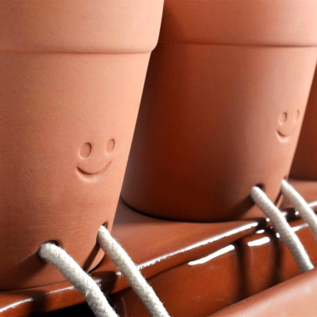 Terracotta pots with smiley face designs on a wooden surface.