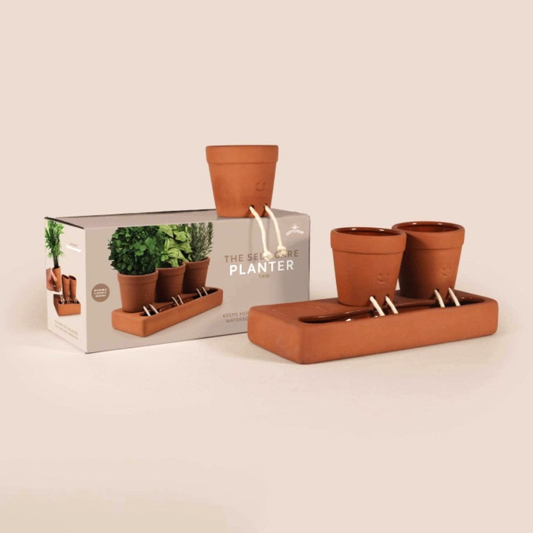 Terracotta planters with a matching planter stand and packaging on a beige background