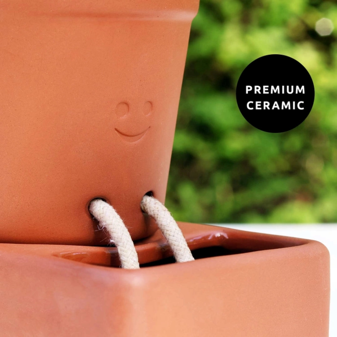 Terracotta ceramic planter with smiley face design and text 'Premium Ceramic' on a blurred green background.