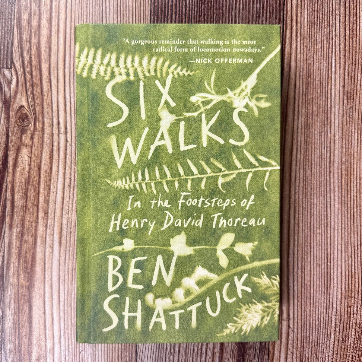 Six Walks book with green cover against a wood background